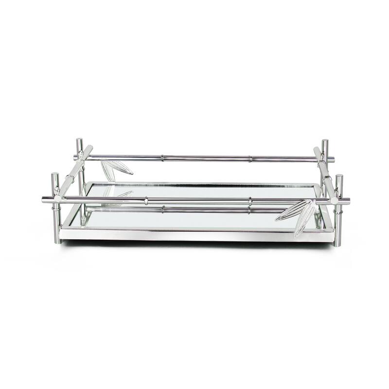 Silver Bamboo Style Rectangle Metal Mirror Decorative Tray Serving Platter