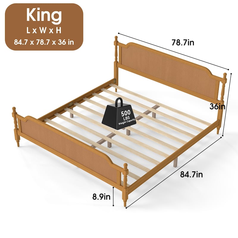 Wooden Platform Bed Bed Frame w/Hand-Woven Rattan Headboard & Footboard, Boho and Mid Century Style Bed Frame, Solid Pine Wood
