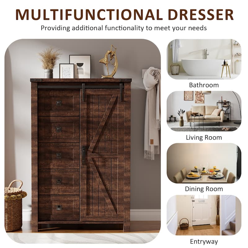 Farmhouse 5 Drawers Dresser, Vintage Chest of Drawers with Barn Door