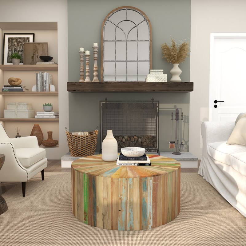 Brown Reclaimed Wood Handmade Pinwheel Drum Geometric Coffee Table with Colorful Painted Accents