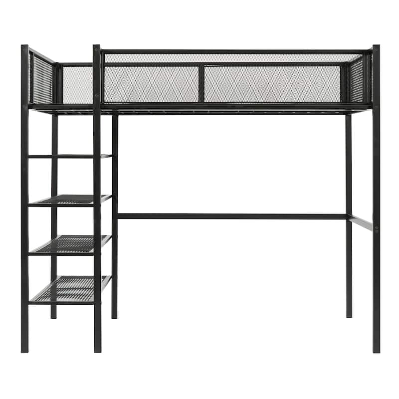 Metal Loft Bed with Shelves, Workstation, Guardrail