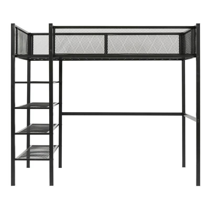 Twin/Full Metal Loft Bed with Built-in Desk, Shelves, and Storage, Modern Design
