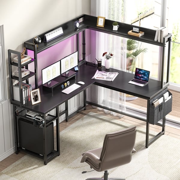 slide 2 of 39, L Shaped Desk with Full Hutch and Power Hub, Corner Desk Computer Desk Office Writing Desk Black
