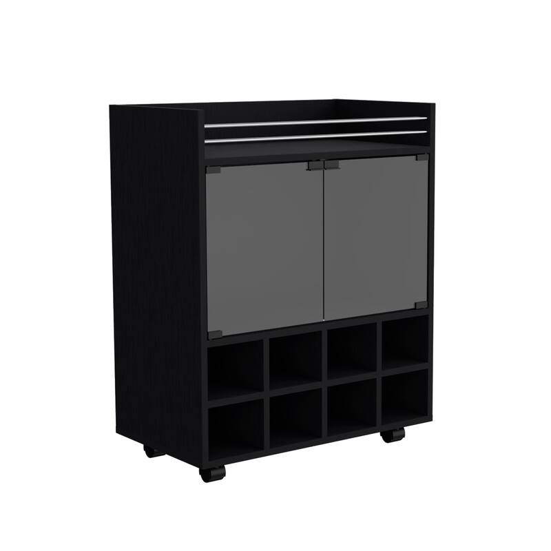 Bar Cart with Built-In 8-Bottle Rack,Double Glass Door Cabinet,and Aluminum-Edged Top Surface