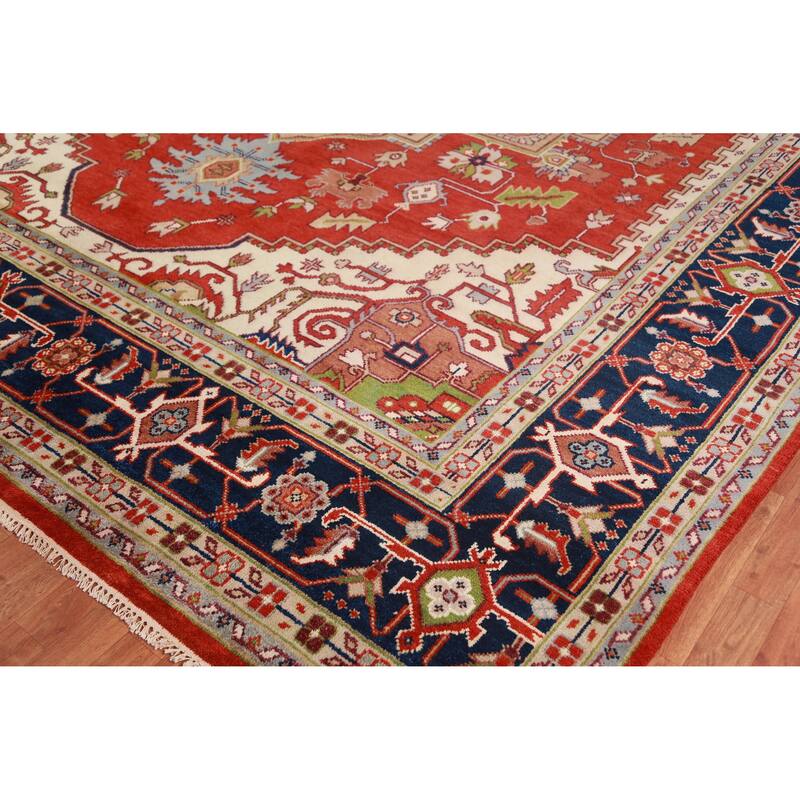 Orange Medallion Heriz Serapi Large Rug Hand-Knotted Wool Carpet - 11'8" x 15'3"