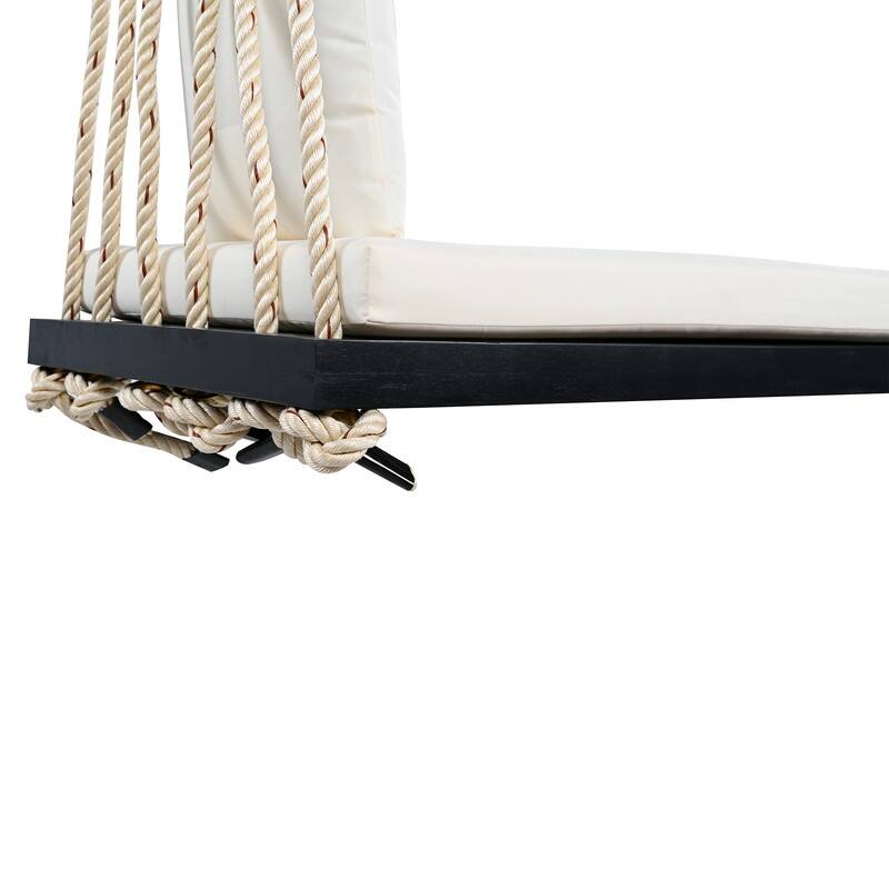 Porch Wooden Swing Chair with Hemp Ropes, Patio Hanging Swing Bench with Cushion & 2 Pillows