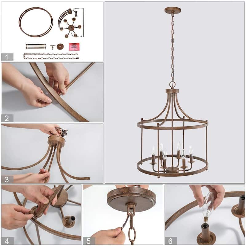 Farmhouse Rustic 6-Light Drum Chandelier Metal Kitchen Island Lights for Dining Room