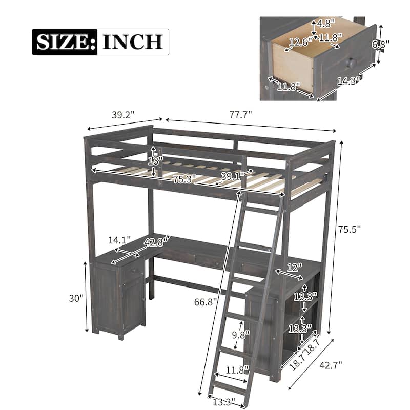 Nestfair Twin Size Loft Bed with U-shaped Desk, Drawers and Storage Shelves