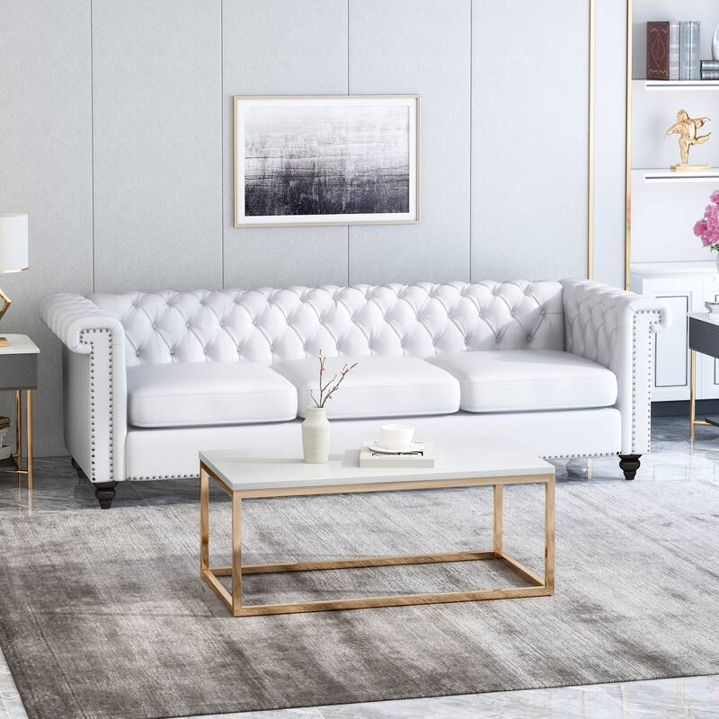 Chesterfield 3-seater Sofa with Button Tufting and Nailheads - White