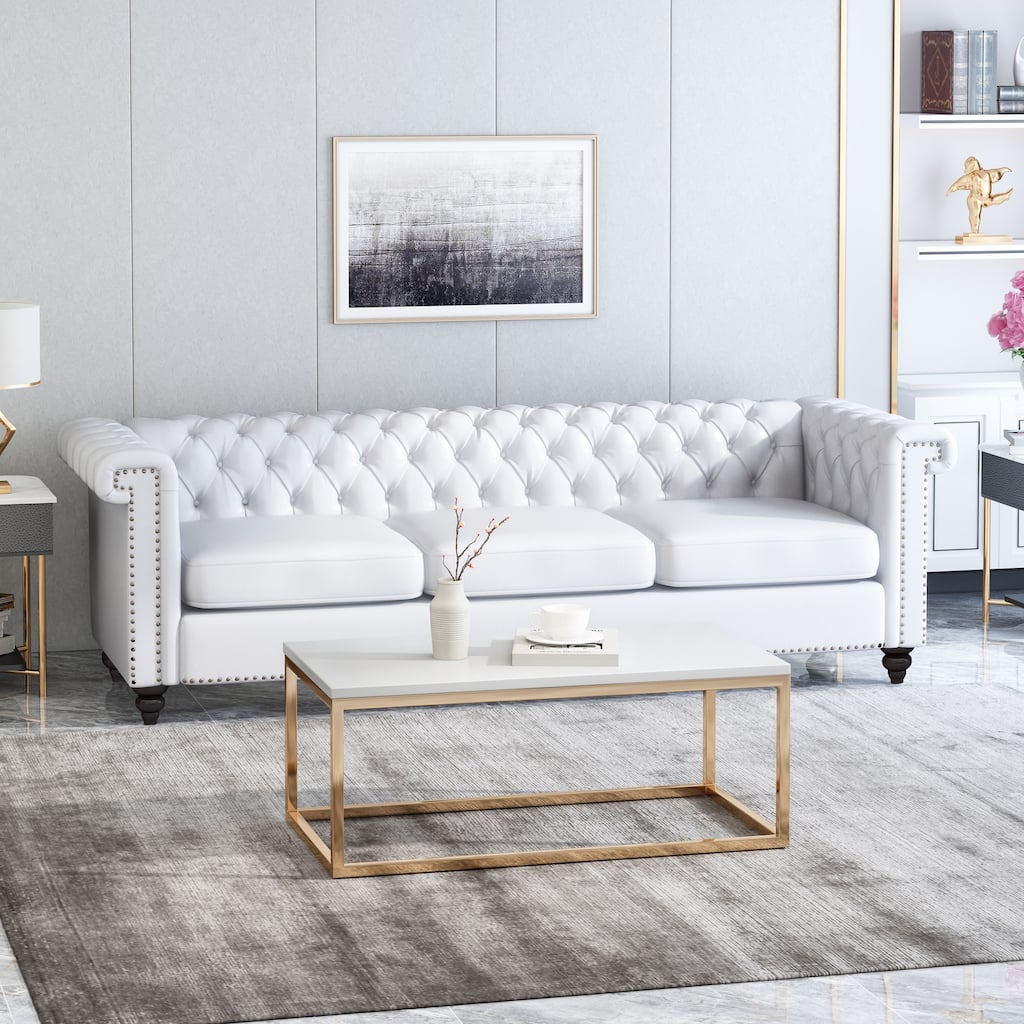 White Chesterfield 83" Button Tufted Upholstered 3-seater Sofa with Nailheads and Wood Legs for Living Room