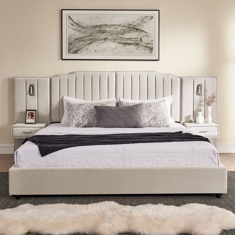 King-Size Velvet Upholstered Bed with Nightstand - Beige
