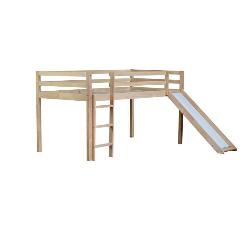 Twin Low Loft Bed with Slide Ladder Safety Guardrails Rubber Wood