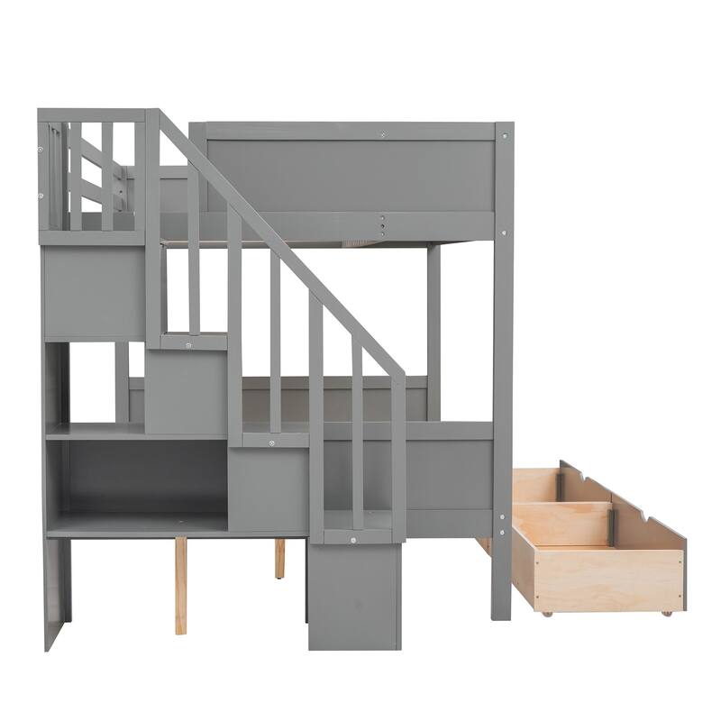 Merax Twin over Full Bunk Bed with Shelfs, Storage Staircase and 2 Drawers