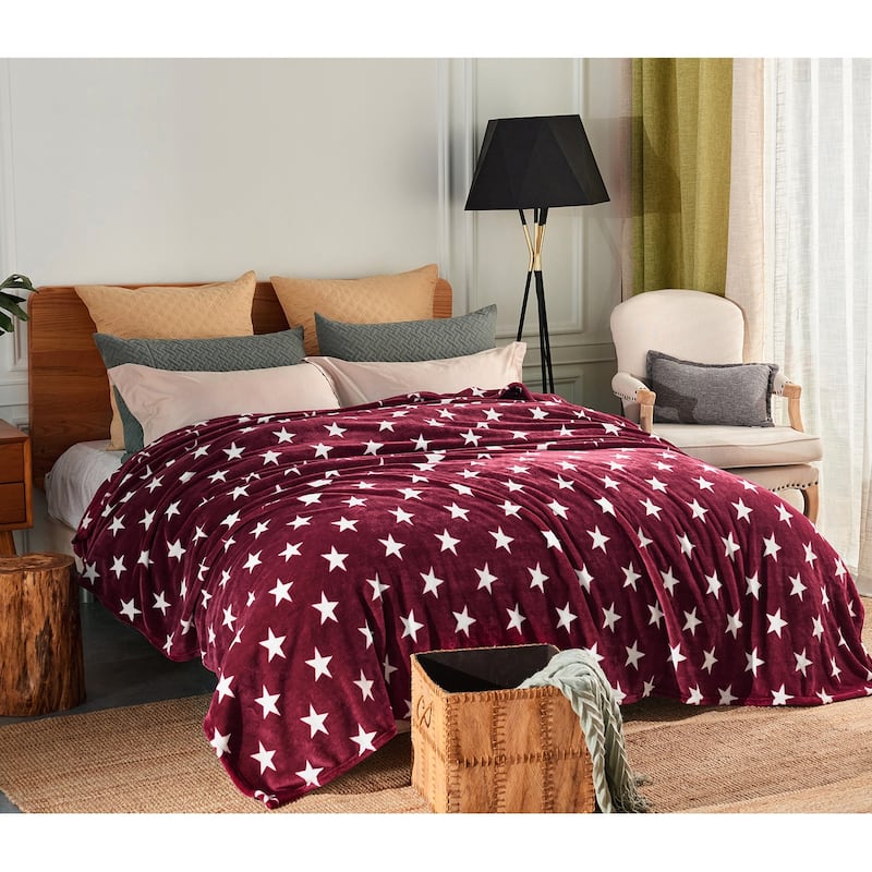 Super Soft Printed Fleece Blanket - Queen - Burgundy Star