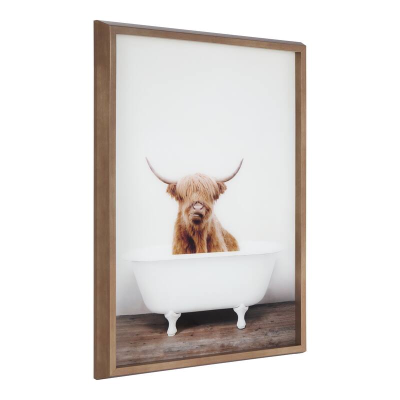 Kate and Laurel Blake Cow in Tub Framed Printed Glass by Amy Peterson - 18x24 - Plastic - Gold