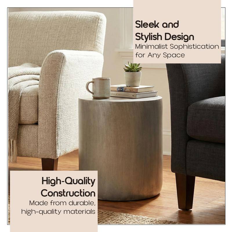Vintara Modern Cylindrical Round Fiberstone Side Table with Brushed Finish for Living Rooms, Bedrooms, Patios, Balconies