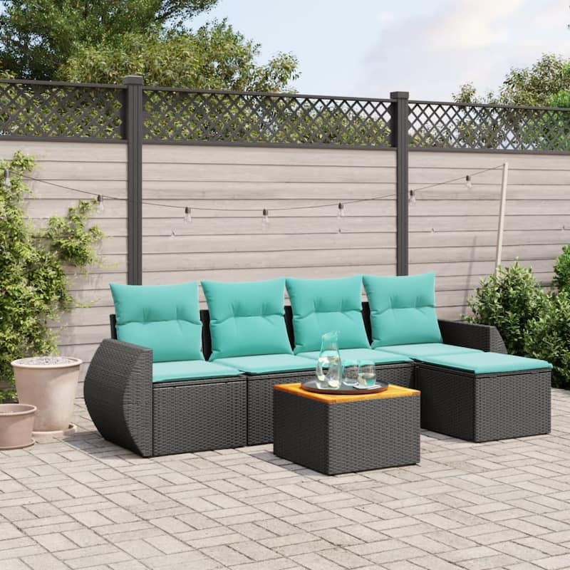 vidaXL 6 Piece Patio Sofa Set with Cushions Black Poly Rattan - 21.7" x 24.4" x 27.2"