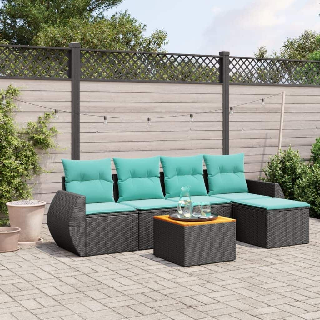 vidaXL 6 Piece Patio Sofa Set with Cushions Black Poly Rattan - 21.7" x 24.4" x 27.2"
