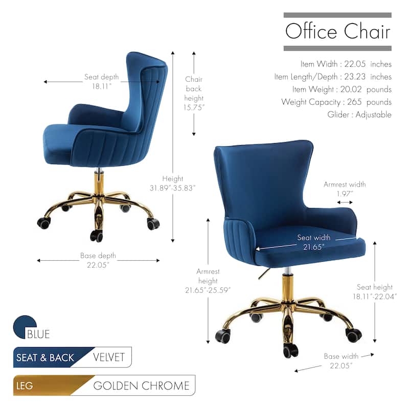 Porthos Home Daria Velvet Wingback Office Chair with Gold Chrome Base