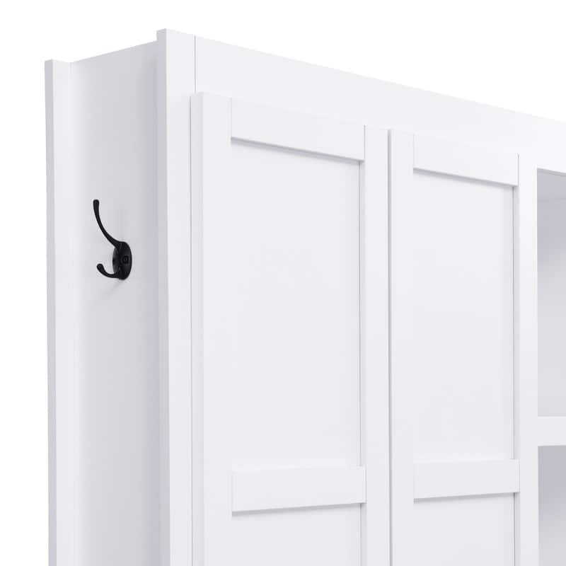 4-in-1 Hall Tree with 6 Hanging Hooks, Entryway Shoe Cabinet with Open Compartments, Wood Bench with Multiple Storage Space
