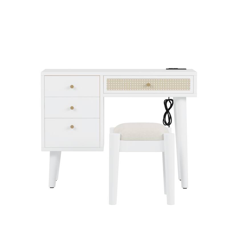 39" Retro Bohemian Style Wooden Makeup Vanity Set with Charging Plug & USB Port and Stool