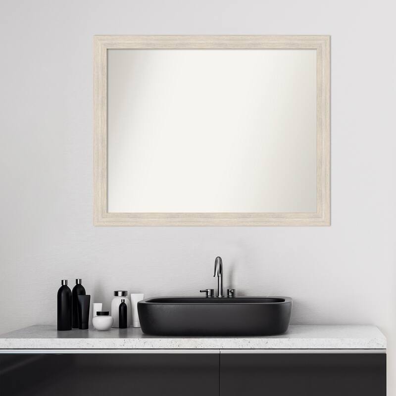 Non-Beveled Wood Bathroom Wall Mirror - Hardwood Whitewash Narrow Frame