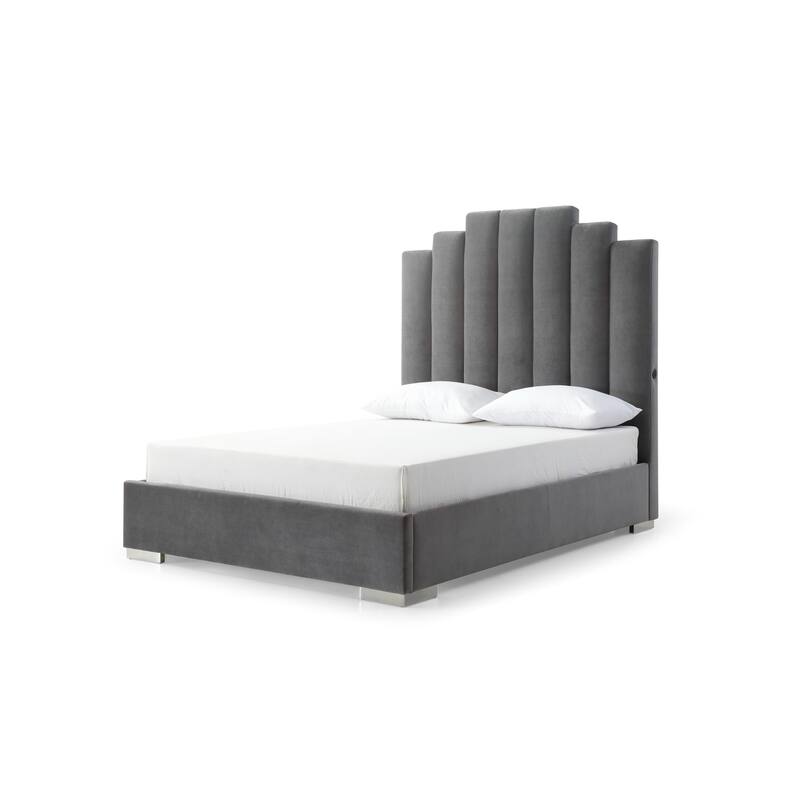 Velvet Upholstered Bed with USB Ports Grey Fabric Platform Bed Frame with Chrome Legs Double Bed