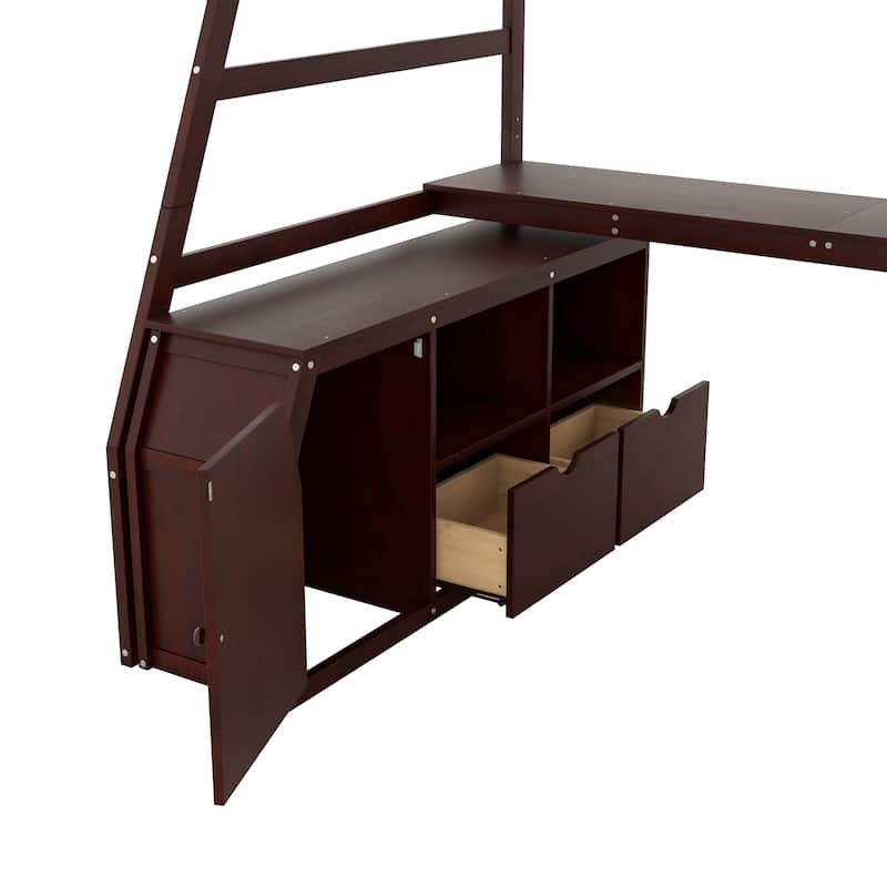 Twin Loft Bed with Drawers, Shelves, and Desk in Espresso