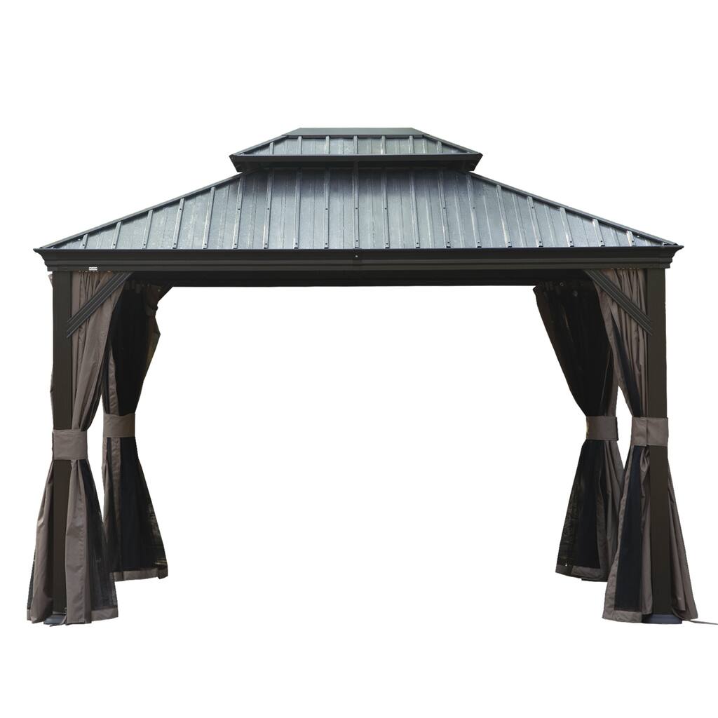 10' x 12' Hardtop Gazebo with Drainage System, Galvanized Steel Roof, Curtains, and Netting for Outdoor Use