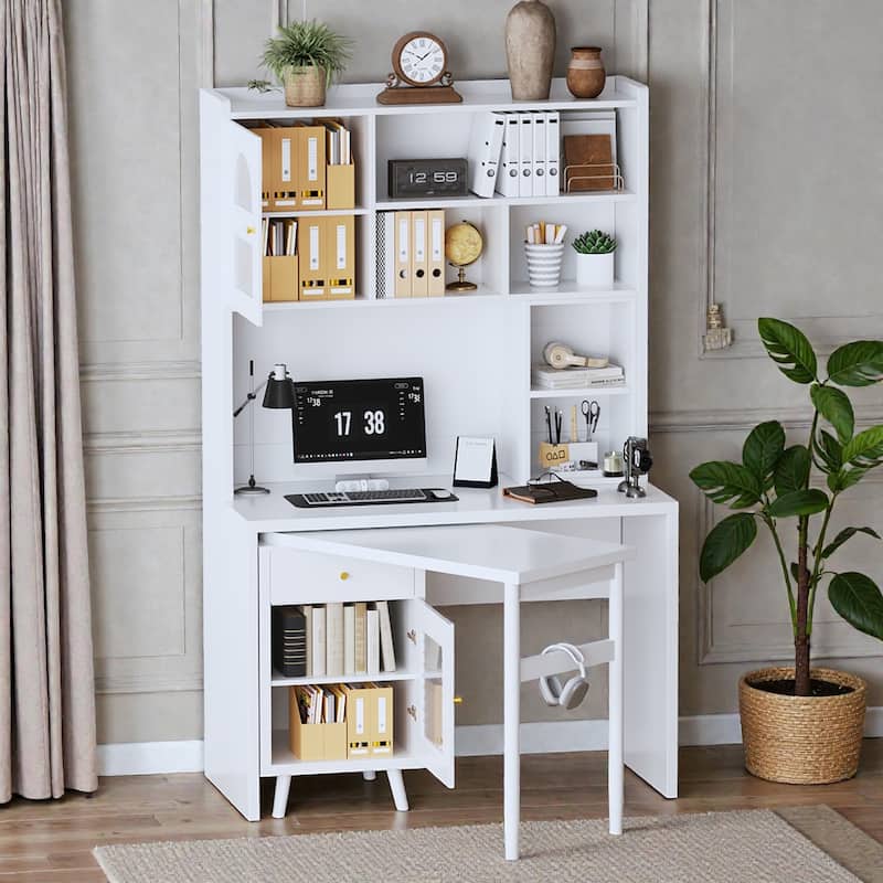 43 Inch Computer Desk with 90 Degree Rotating Desktop, Office Desk with Drawer Cabinets and Shelves for Home Office