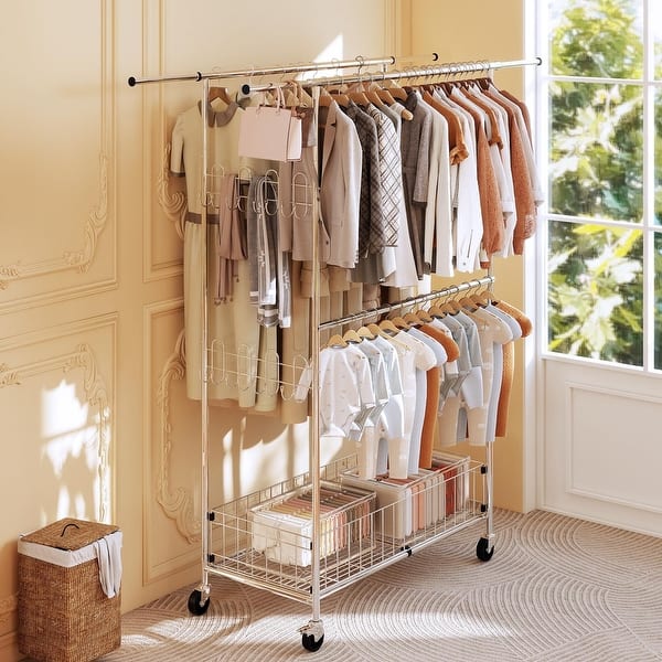 slide 2 of 7, Innovaze Multi-Function Rolling Clothes Rack with Extendable Rods, Storage Shelf & Hooks Silver