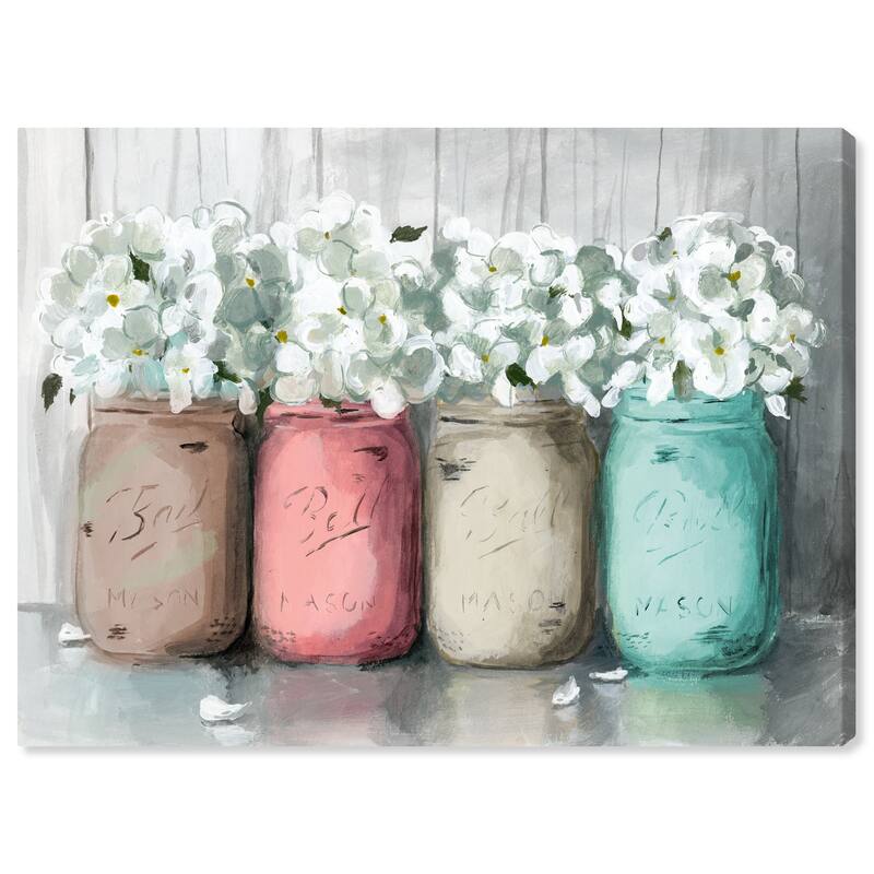 Wynwood Studio Canvas Floral and Botanical Mason Jar Turquoise White and Pastel Pink Rustic Wall Art Canvas Print