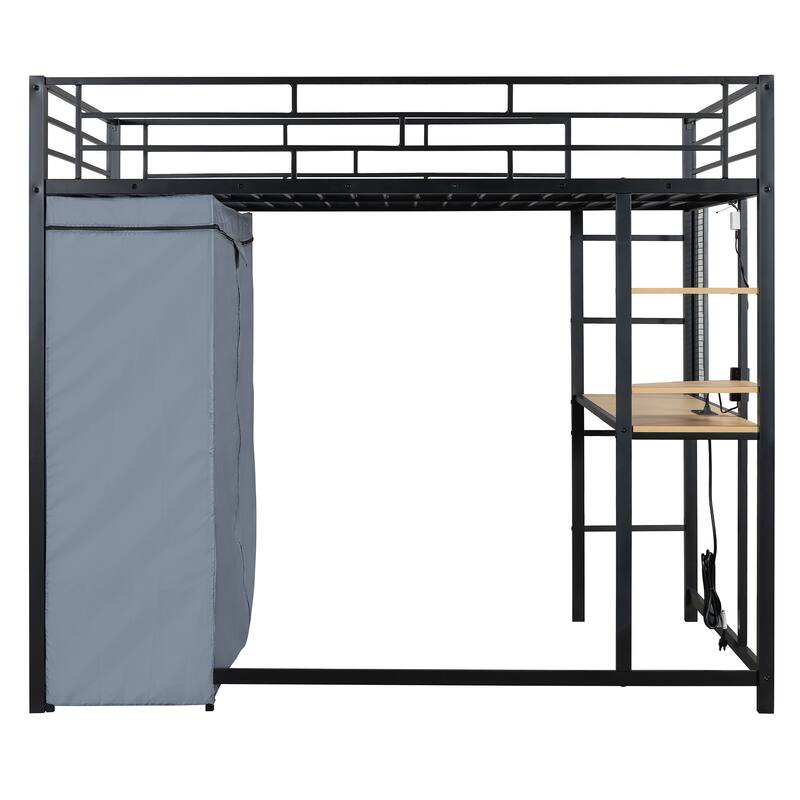 Modern Loft Bed with Desk & Wardrobe, Metal Loft Bed Frame with Shelves, USB Power Outlet, LED Light, for Kids Teens Adults