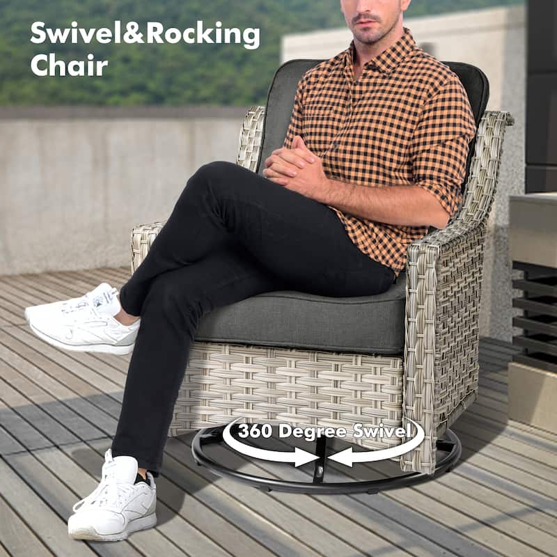 OVIOS 5 Pieces Outdoor Wicker Curved Swivel Chair Set With Fire Table