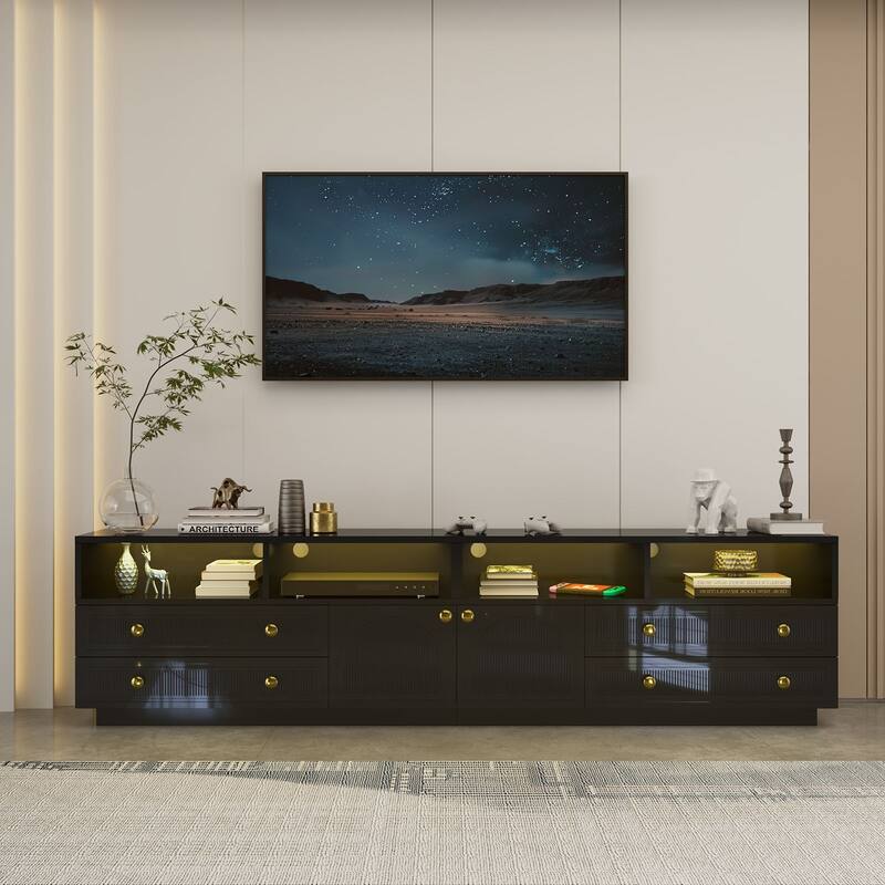 Gymojoy 86.6" LED TV Stand for 85-100 Inch TV, Modern Fluted Entertainment Center, 8 Drawers & Cabinet, Smart TV Console. - Black. - 86"W.