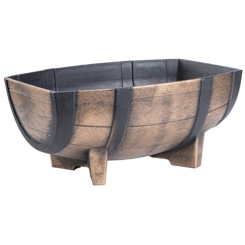 Gardenised 2-Piece Rectangular Half Barrel Flower Pots Rustic Farmhouse Style Faux Wood Planter Containers for Indoor & Outdoor