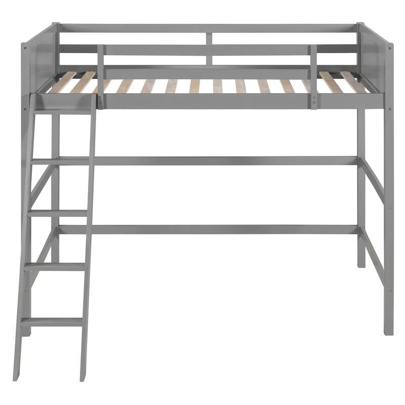 Roomfitters Solid Wood Twin Loft Bed with Ladder Guard Rails Pine Frame, Grey