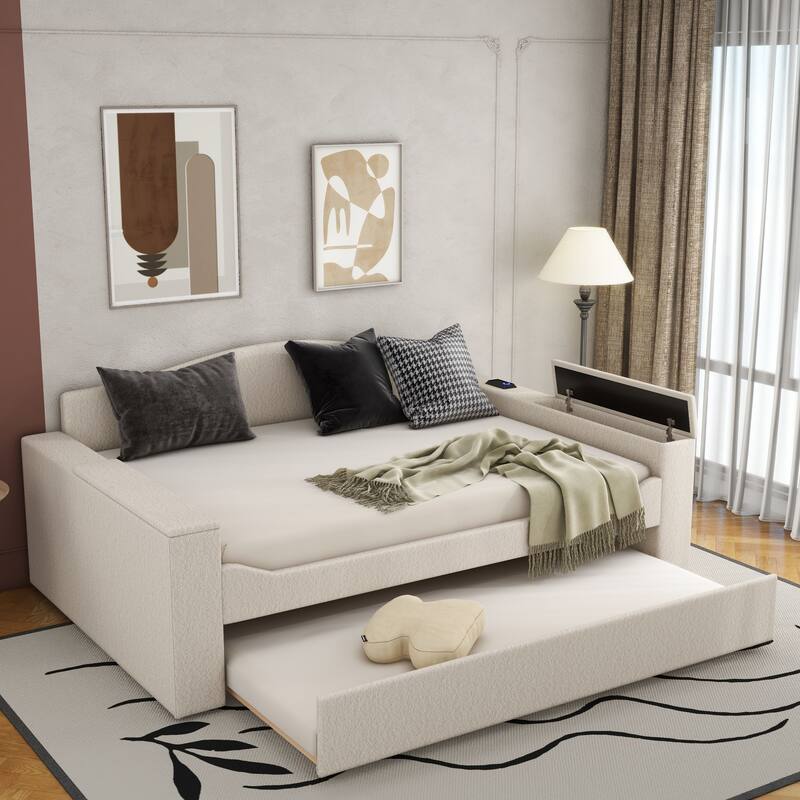 Sofa bed with storage arms, trundle bed and Bluetooth stereo