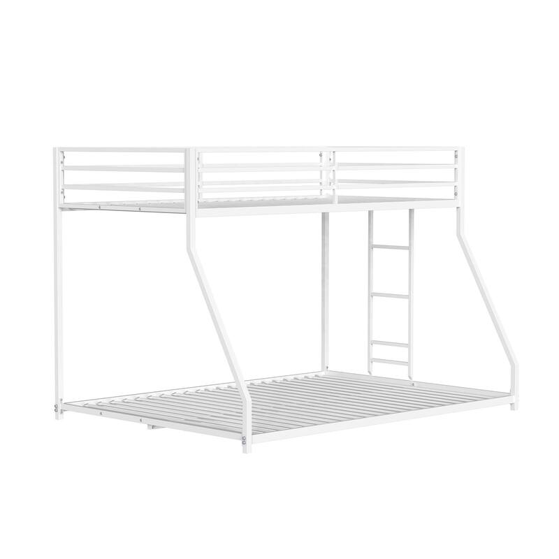 Metal Low Bunk Bed with Attached Ladder, Matte White Finish, Mattress Ready, Full Metal Construction