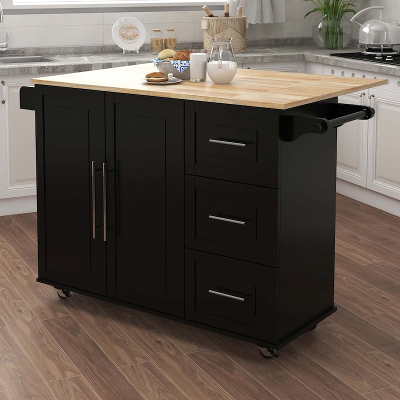 Kitchen Island with Spice Rack and Extensible Solid Wood Table Top - Black