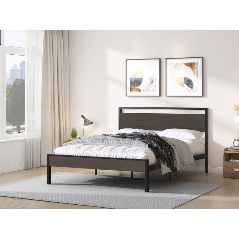 Queen Metal Bed with Walnut Wood Headboard & Footboard, Black