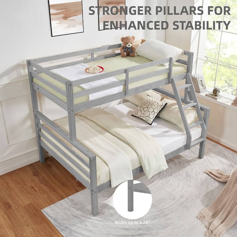Twin over Full Wooden Bunk Bed,High Guardrail,Ladder,No Box Spring