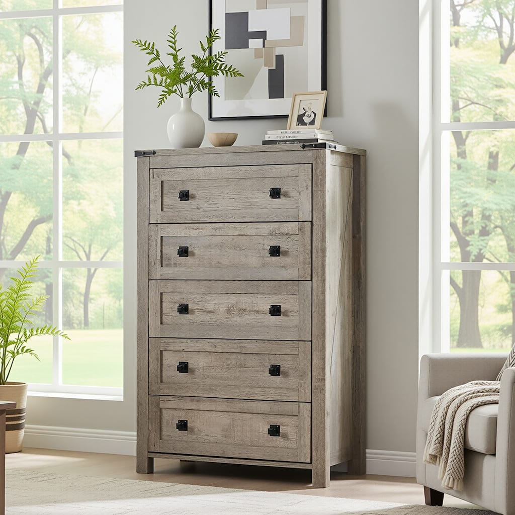 Wood 5 Drawers Dresser, Rustic Chest of Drawers for Bedroom