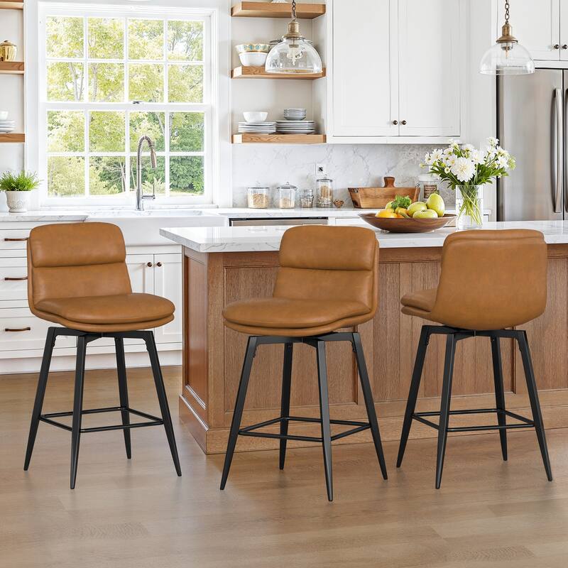 360°Swivel Bar Stools Set of 2/3/4, 26" H Seat Height with, Faux Leather Barstool for Kitchen Island and Home Bar Brown - Brown - Set of 3