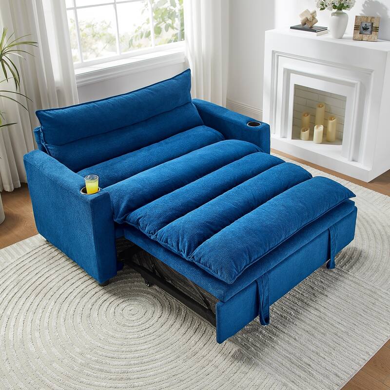 Anmytek 3-in-1 Multi-Functional Convertible Sleeper Sofa Bed - 47'' Velvet Upholstered Loveseat Chaise Lounge - Blue
