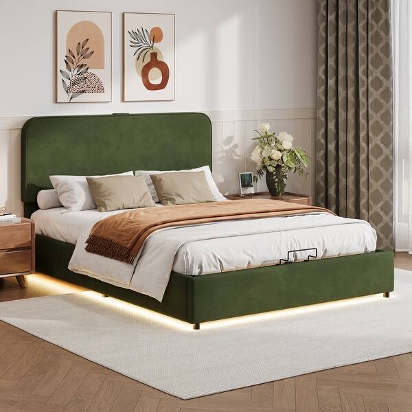 slide 2 of 25, Upholstered Platform Queen Size Hydraulic Storage Bed, Lychee Velvet Green