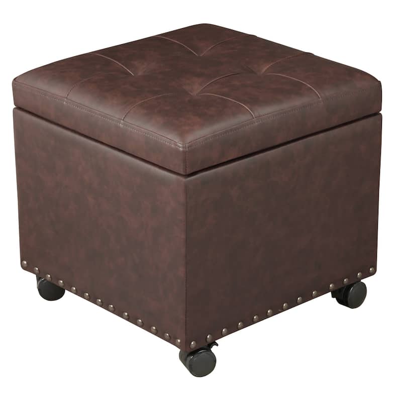 Adeco Bonded Leather Storage Ottoman Square Tufted Cube Footstool