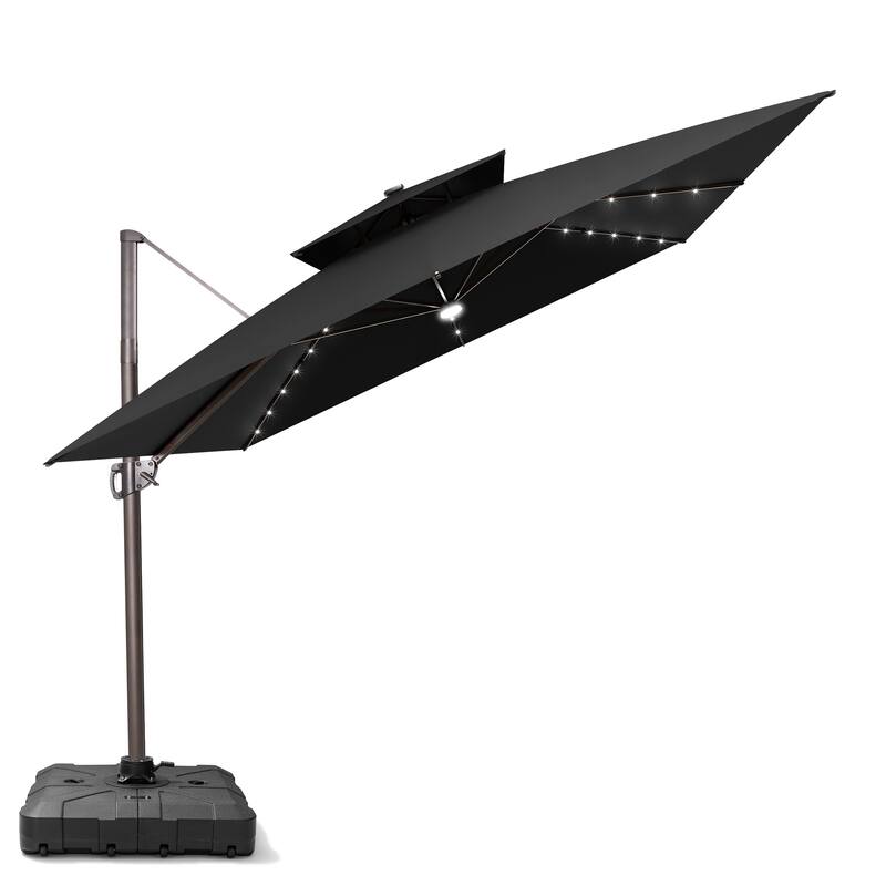 11X11 FT Outdoor Patio Cantilever Umbrella Solar LED Lighted with Wheel Base - Black