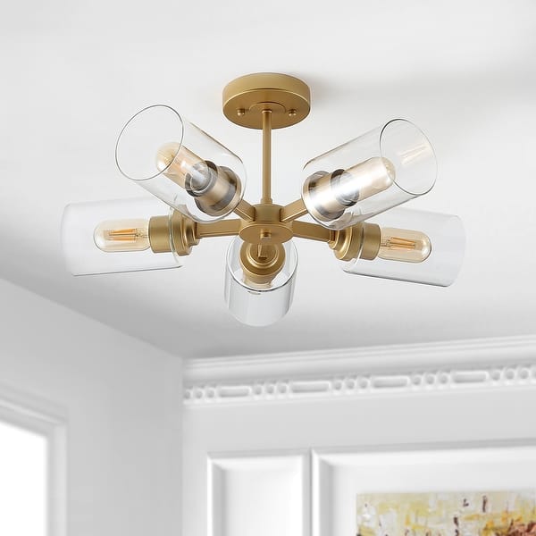 slide 2 of 6, Jaynie 21.5" 5-Light Farmhouse Industrial Iron Cylinder LED Semi Flush Mount, Brass Gold/Clear by JONATHAN Y