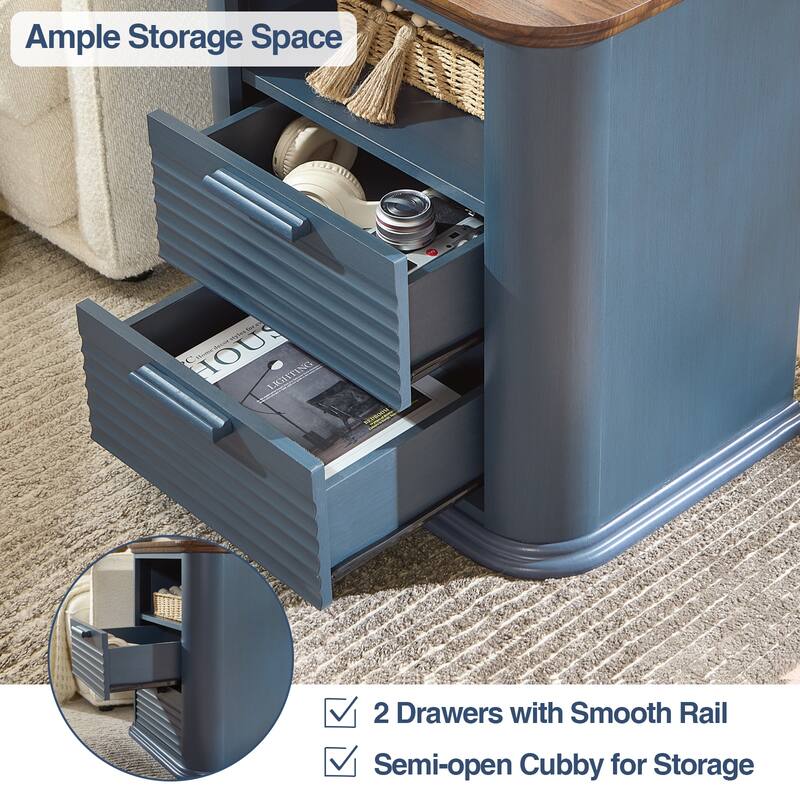 22" Fluted Night Stand with Charging Station, End Table with 2 Drawers & Open Storage, Side Tables Curved Profile Design